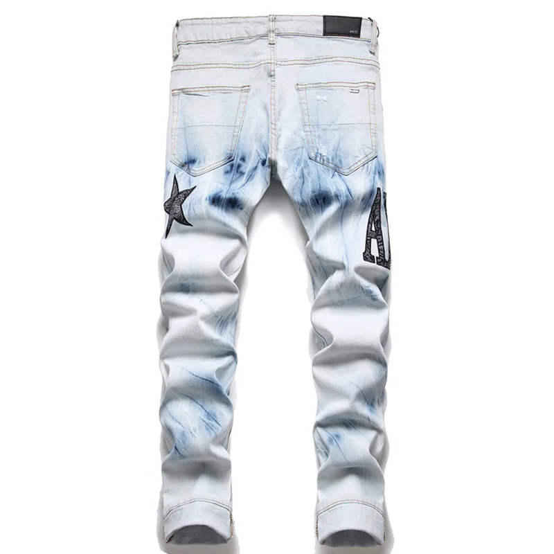 Streetwear Men Punk Vintage Blue Ripped Self-cultivation Jeans Elastic Force Printing and Dyeing Pencil Pants Female 2022 Autumn