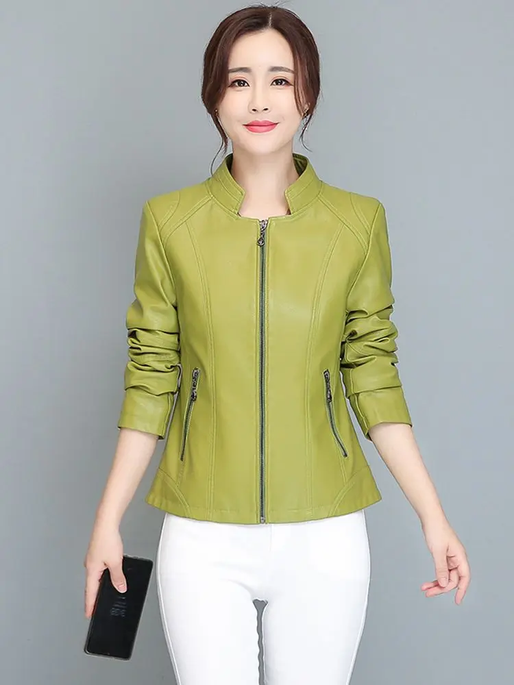 New Women Short Leather Coat Spring Autumn Fashion Small Stand Collar Sheepskin Slim Jacket Casual Outerwear Split Leather