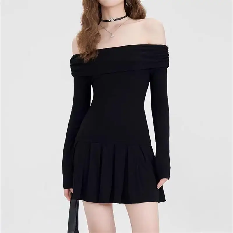 Осеннее сексуальное мини-платье с открытыми плечами для женщин черное