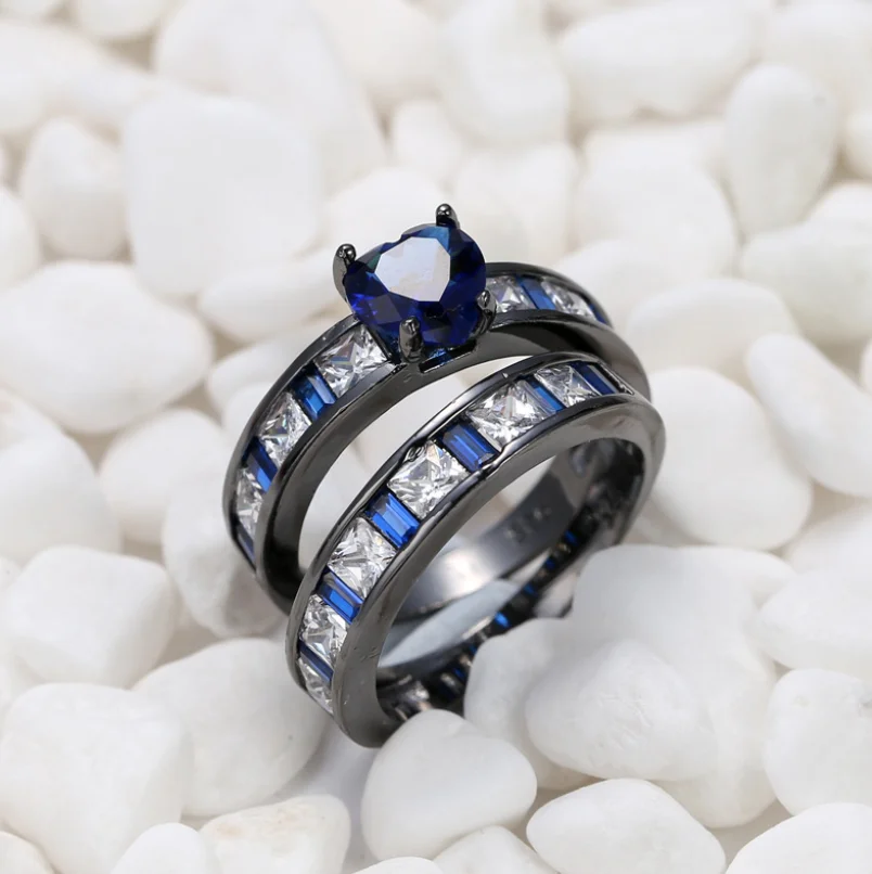 

ANGLANG 2PC Women Finger Rings Wedding Engagement Jewelry Dazzling Blue Cubic Zircon Gorgeous Female Classic Set