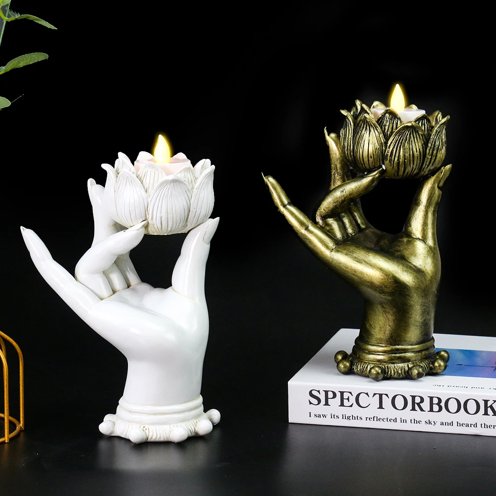 

Indian Buddhism Lotus Bergamot Hand Palm Finger Candlestick with Electronic Candle Resin Crafts Candle Holders Meditation Decor