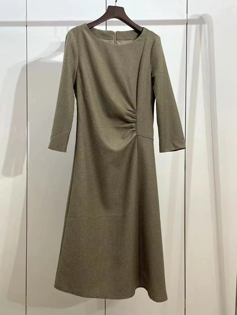 

Women Plaid Asymmetric Dress Round Neck Wool Blend Three Quarter Sleeve Female Slim Robes