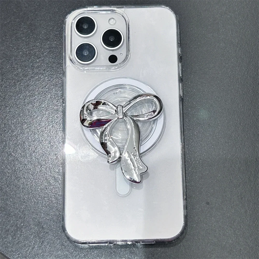 Фото INS корейский серебряный бант для Magsafe Griptok, держатель для телефона, кольцо на палец, подставка для iPhone 16, 15, Samsung S24, кронштейн для девочек №5