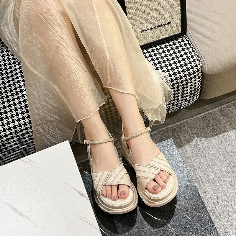 7CM Knot Design Genuine Leather Fashion Rhinestones Deco Women Sandals Soft Soles Platform Casual Woman Sandals Female Shoes