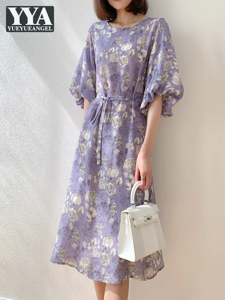 Elegant Women Summer Puff Sleeve Floral Printed Real Silk Dress High Quality Ladies Loose Fit O Neck Lace Up Mid Long Dresses