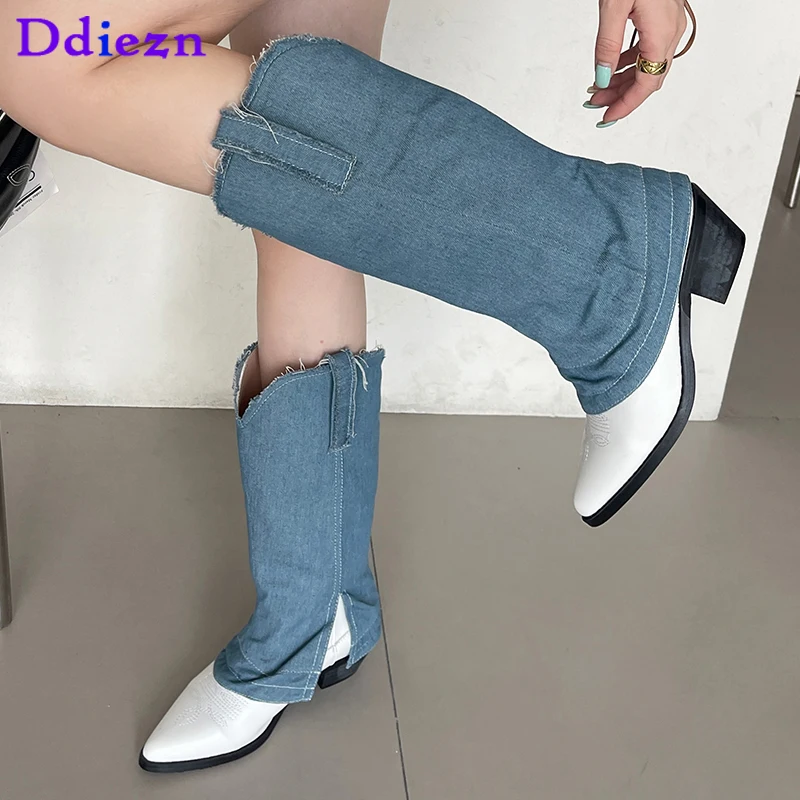 

Western Modern Boots For Mid-Calf Autumn Ladies Blue Denim Female Shoes Footwear Women Pumps 2023 Pointed Toe Chelsea Boots