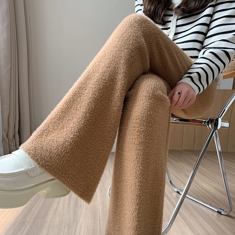 

Limiguyue Mink Cashmere Wide Leg Pants Women Autumn Winter Mopping Trousers Vintage Knitted Soft Pants Elastic Waist Knitwear