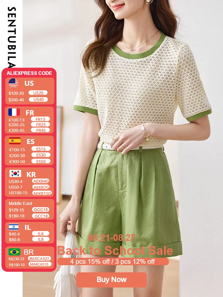 

Sentubila Summer Outfits for Women 2023 Hollow Out Short Sleeve Lace Shirt Knit Tops Straight Leg Linen Shorts Two Piece Sets