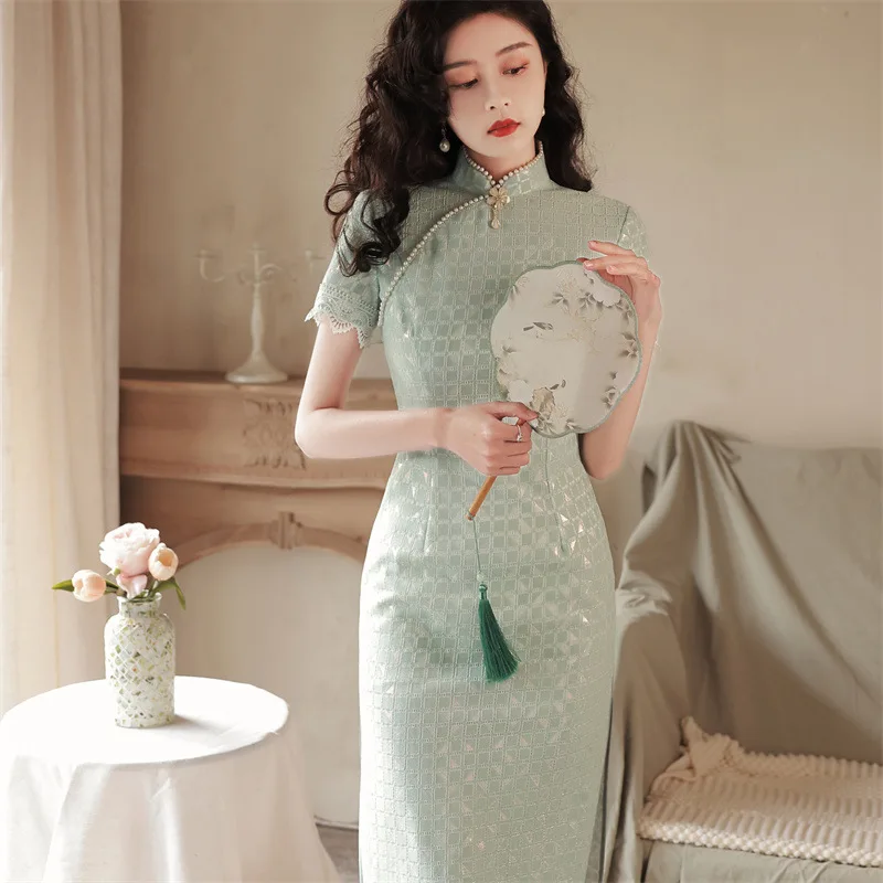 

2022 Summer Composite Lace Beading Improved Cheongsam Fairy Skirt Fresh Literary Girl Qipao Traditional Chinese Dresses Woman