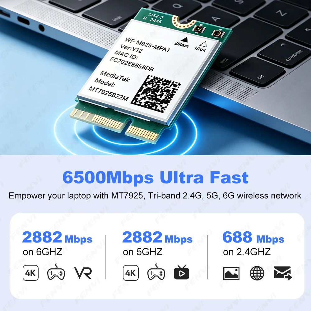Фото Сетевая карта WiFi 7 MT7925 BE6500, трехдиапазонная, 2,4G/5G/6 ГГц, Bluetooth 5.4, 802.11BE, беспроводной адаптер M.2 NGFF для ПК AMD, Win 10/11 №3