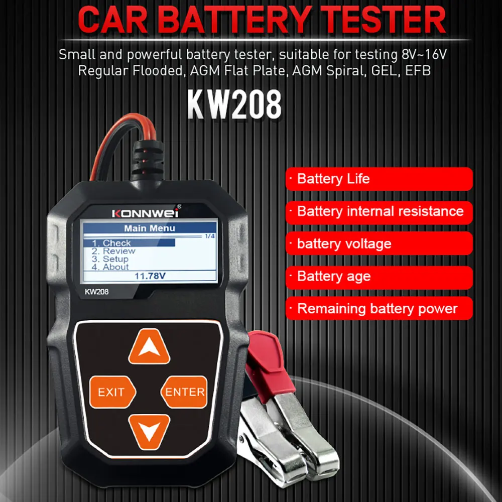 

KW208 Car Battery Tester 12V 100 To 2000CCA Cranking Charging Circut Tester Battery Analyzer 12V Battery With 8 Languages Tools