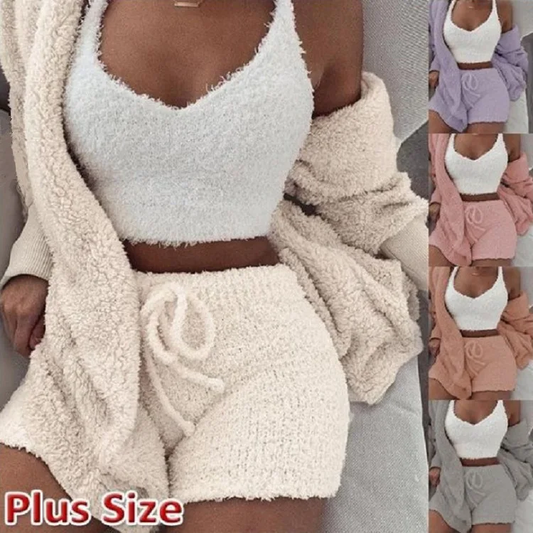 

Women's winter plush home wear casual pajamas long sleeved open navel vest shorts set