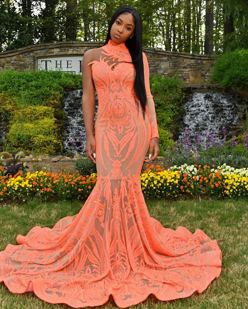

SuperKimJo Robe De Soiree Femme Pour Mariage Sparkly Orange Evening Dresses Long High Neck Mermaid Elegant Evening Gown Robes