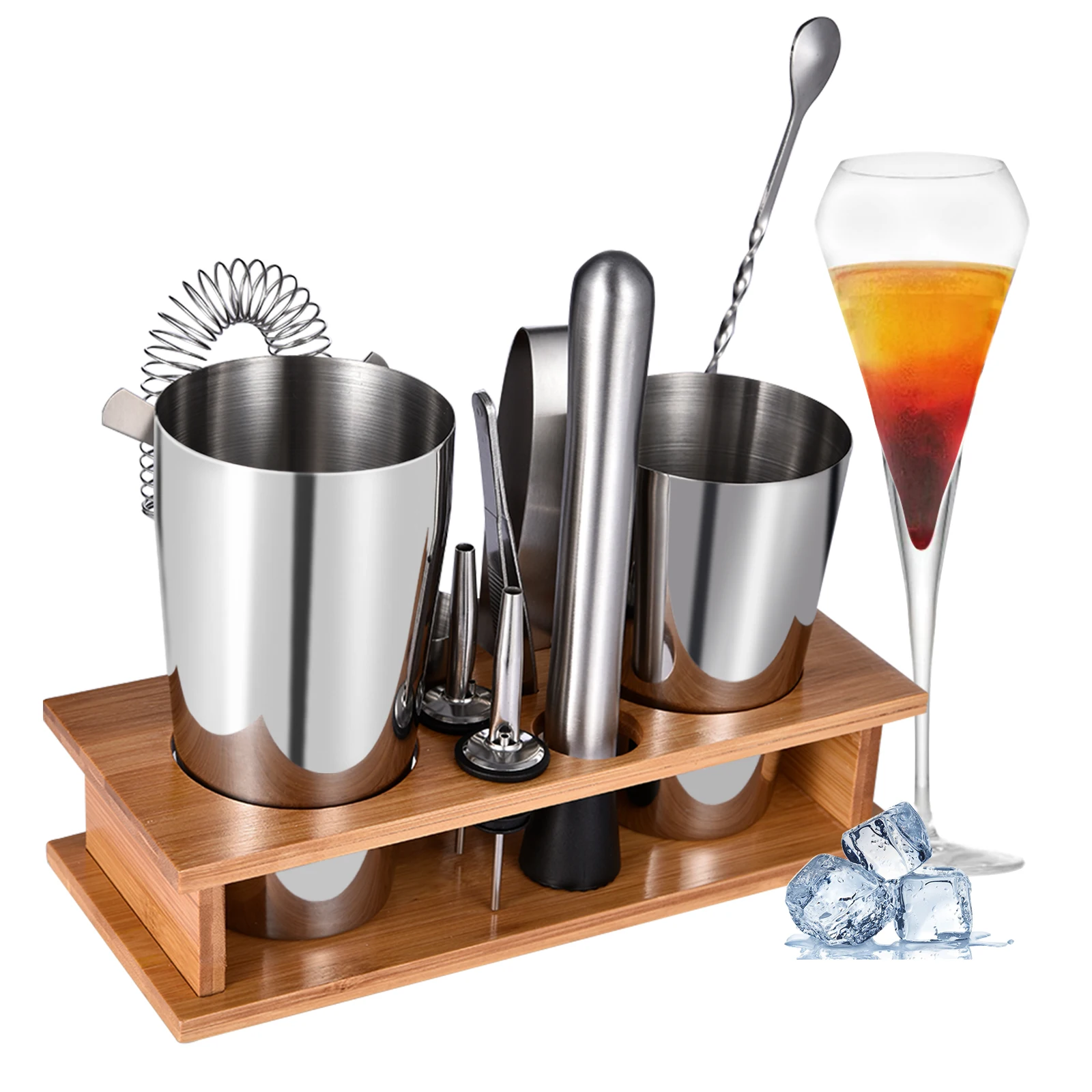 

11 Pcs Boston Cocktail Shaker Bar Tools Set Barware Bartender Shakers Kit Jigger Mixer Muddler Pourer Spoon with Bamboo Stand