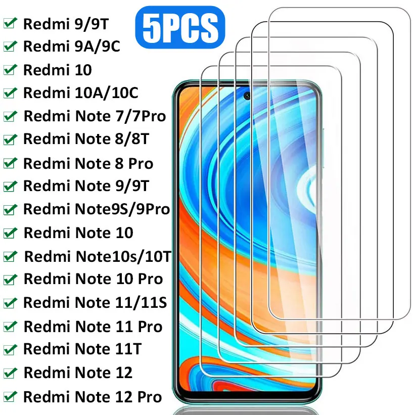 

Закаленное стекло 5 шт. для Xiaomi Redmi Note 10 11 12 9 8T 7 Pro 11S 10S 9S, защитная пленка для экрана Redmi 10 9 9T 10C 9C 9A, стекло
