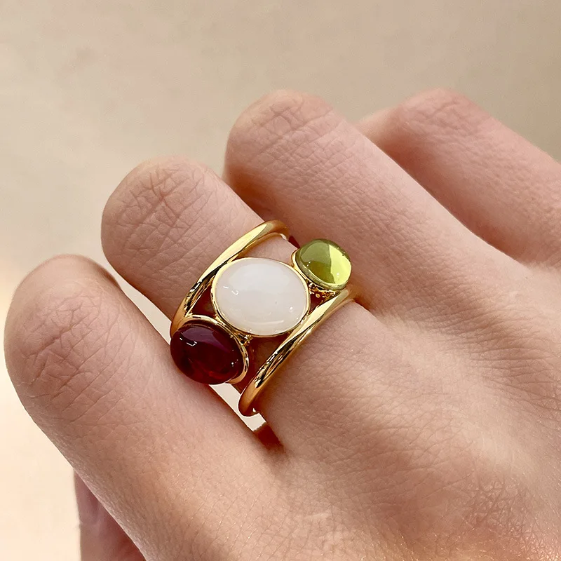 

Vintage Colorful Glaze Oval Crystal Gold Plated Opening Rings for Women Luxury Metal Ring Jewelry Accessories Gifts New 2023