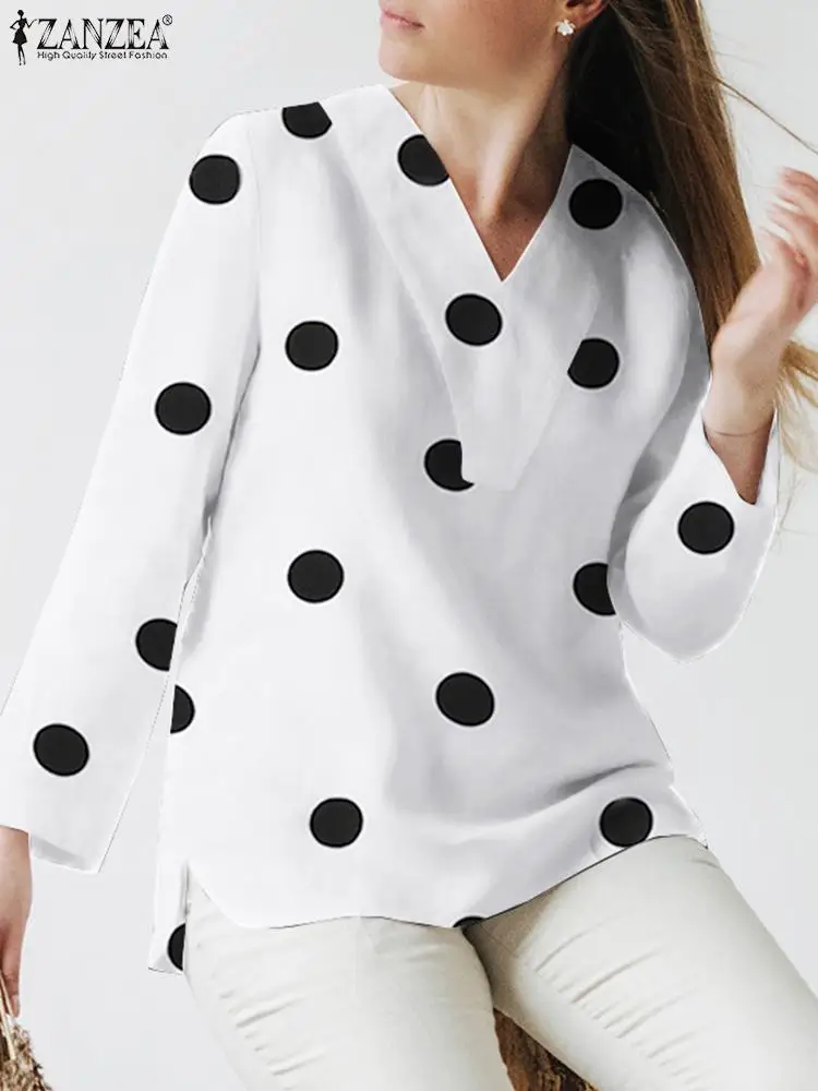 

Модные женские рубашки с длинным рукавом, новейшая блузка в горошек с принтом и V-образным вырезом, свободная рубашка на весну и осень, элега...