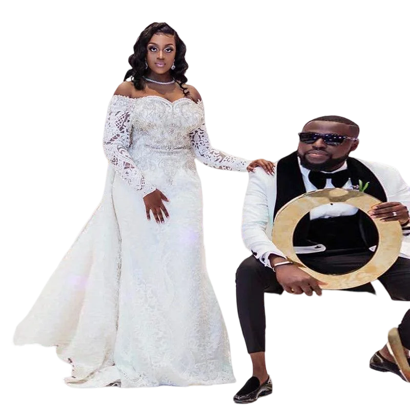 

New Off The Shoulder Long Sleeves Mermaid Bridal Gowns with Detachable Train Beaded Lace Appliques Vestidos Wedding Dresses