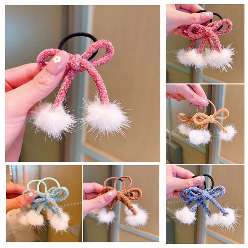 

10Pcs/Lot Girls Pompom Fur Ball Hair Bands Colorful Bow Hairring Ponytail Holder Elastic Hair Ties Accessories For Kids Headwear