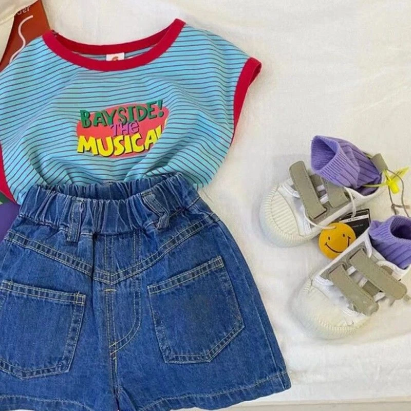 

Blue Stripe Kids Clothes Girl Children Clothing Two Piece Set Sleeveless Vest+shorts Denim Kids Birthday Ropa 유아 상하복세트