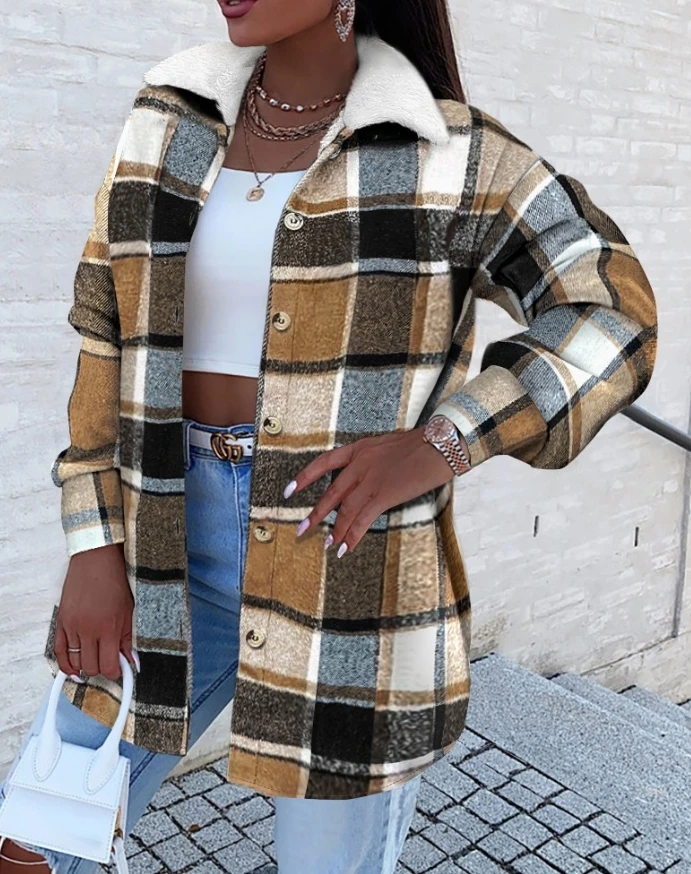 Женская Повседневная зимняя куртка в клетку с отложным воротником и длинным