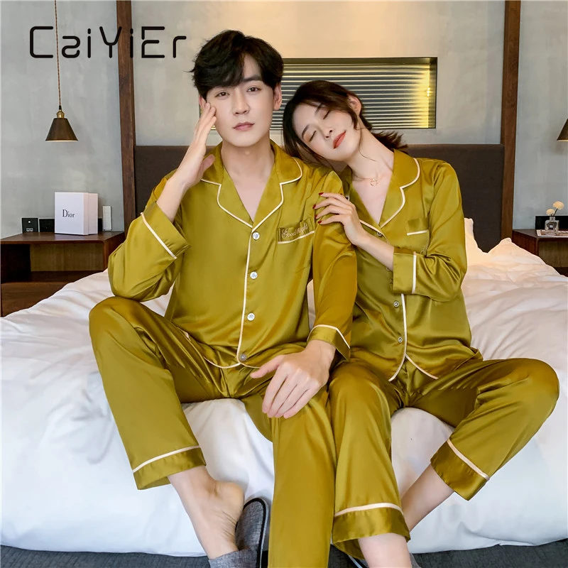 CAIYIER 2022 Luxury Silk Couple Pajamas Set Embroidery Cardigan Lover Nightwear Soft Sexy Family Men & Women Winter Homewear