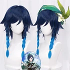 Парики Genshin Impact Venti 50 см, термостойкие синтетические волосы с градиентным синим коротким плетением, для косплея аниме, Хэллоуина, с шапочкой