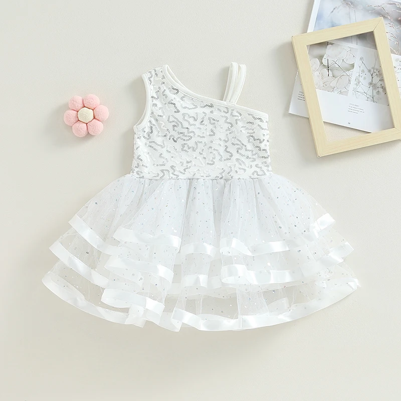 

Mildsown Toddler Girls Summer Princess Dress White Sleeveless Tiered Tulle Sequins Party Dress