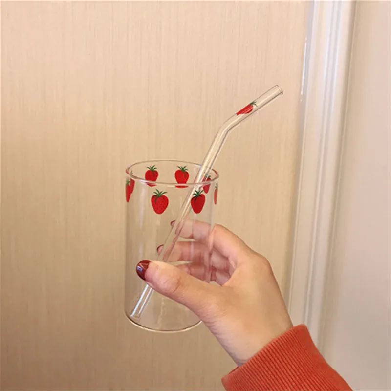 

300 ML High Borosilicate Nana Cute Strawberry Water Milk Drinking Glasses Cup with Straw Upgrade Thickened Version