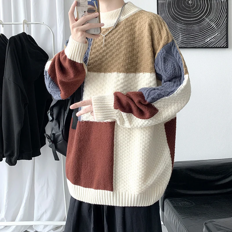 

Korean Style Knit Sweater Men's Stitching Loose Outer Wear Pullover 2023 Autumn Winter Fashion Casual Knit Top Men's Clothes