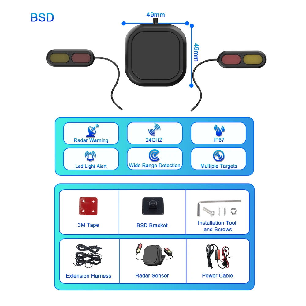

Радарная система обнаружения слепых зон мотоцикла, IP67, водонепроницаемый датчик миллиметровой волны, система помощи при изменении полосы движения BSD