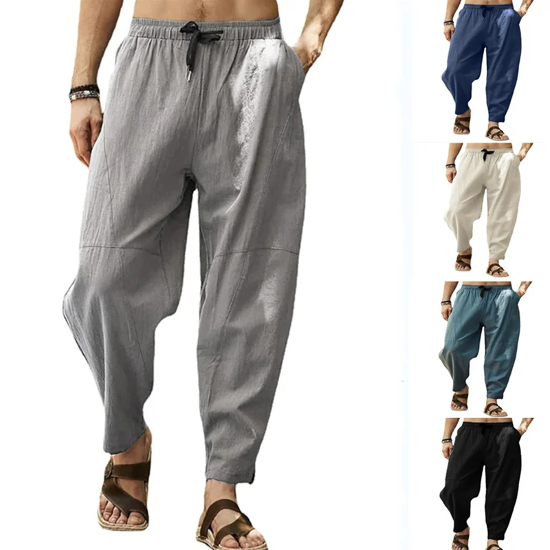 

2023 Europe and the United States large size casual nine points pants men's loose cotton hemp draw rope hip hop lantern s