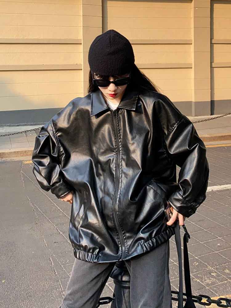 Korean Black Leather Jacket Women 2022 Autumn Loose Thin Long Biker Jacket Female Zipper Streetwear Fashion Harajuku Y2K Coat