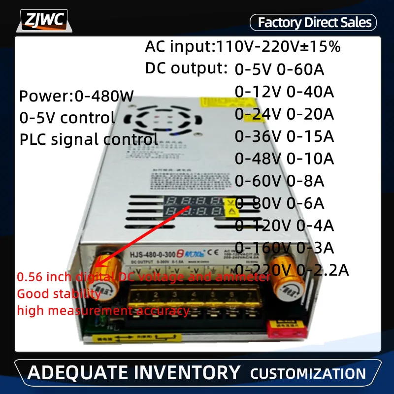 Corrente de Limitação de Tensão Ajustável Corrente 480w Display Digital Comutação Fonte de Alimentação 24v 36v 48v 80v 120v 160v 220v 5v 12v