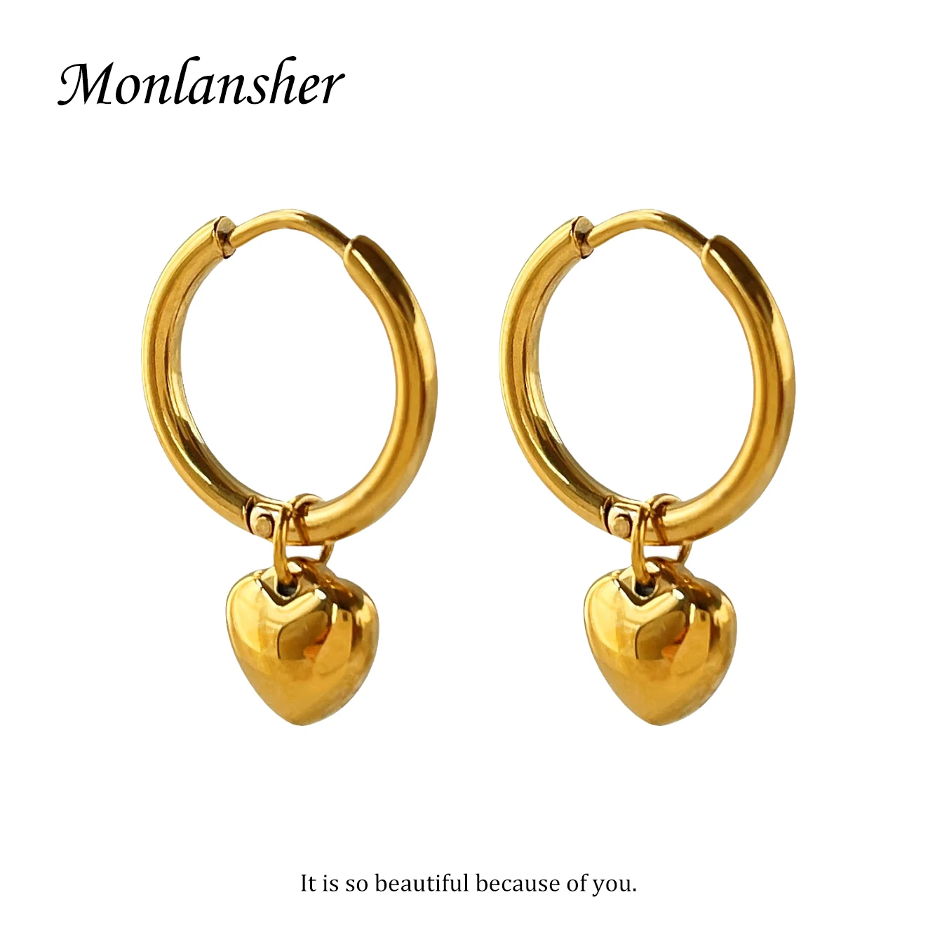 

Monlansher Cute Chunky Heart Pendant Hoop Earrings Minimalist Designed Stainless Steel 18 K PVD Earrings Jewelry for Women Gift