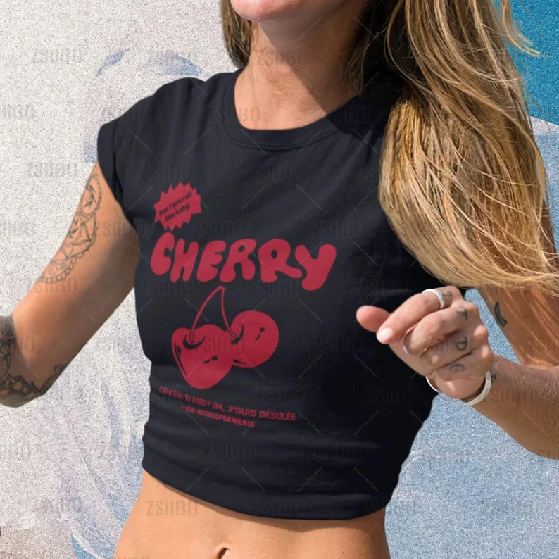 

Y2K cherry Print Baby Tee Summer Emo Girl Crop Tops Slim 2000s Fairy Grunge Streetwear Harajuku Goth Cute Short Sleeve T-shirt