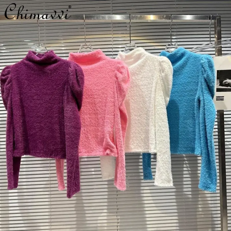 

Новинка Зима 2022, женский модный классический шерстяной свитер с воротником «хомут», женский элегантный вязаный Топ с пышными рукавами для п...