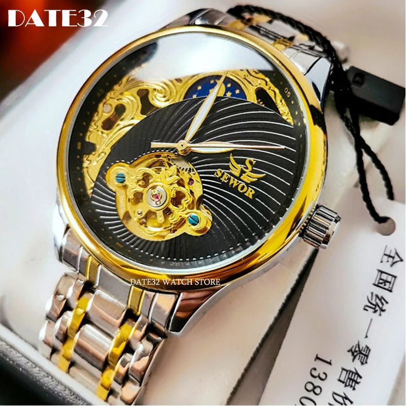 

Часы наручные мужские автоматические, деловые водонепроницаемые механические светящиеся Роскошные с Лунной фазой и турбийоном