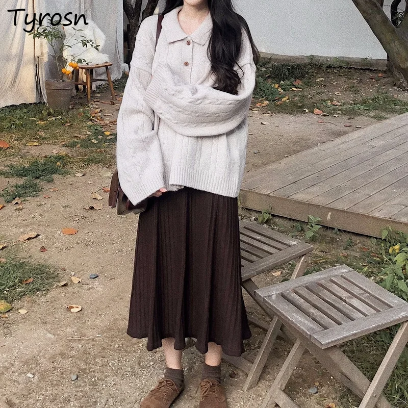 

Women Sets Sweater Midi Skirt 2Pcs Knitting S-3XL Single Breasted Coats Folds Solid Cozy A-line Tender Retro Students Streetwear