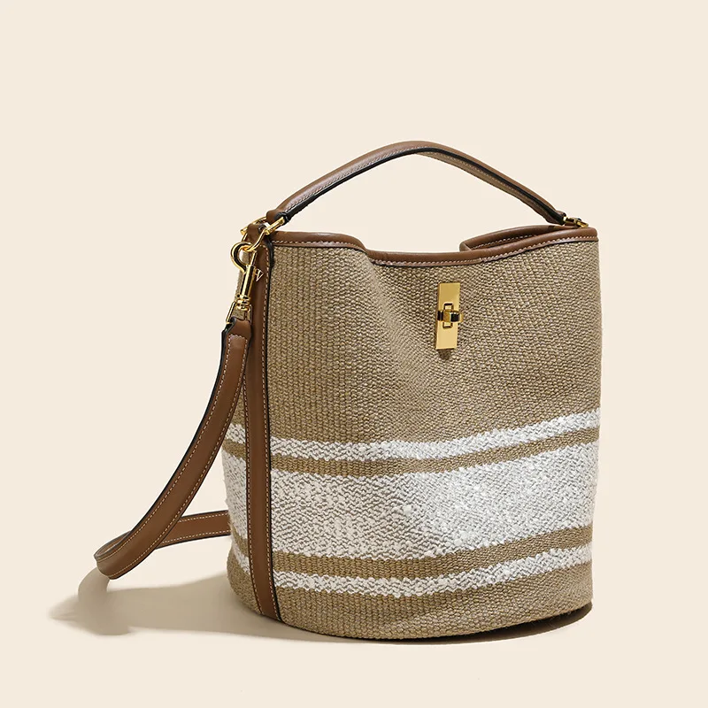 

2022 New Leather Canvas Bag Women's Bucket Bag Versatile One Shoulder Messenger Bag