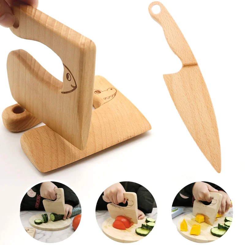 Wooden Kids Knife Cooking Safe Cutting Toys Veggies and Fruits Cutter Cute Shape Kitchen Tools for Children 3 Years Old and Up