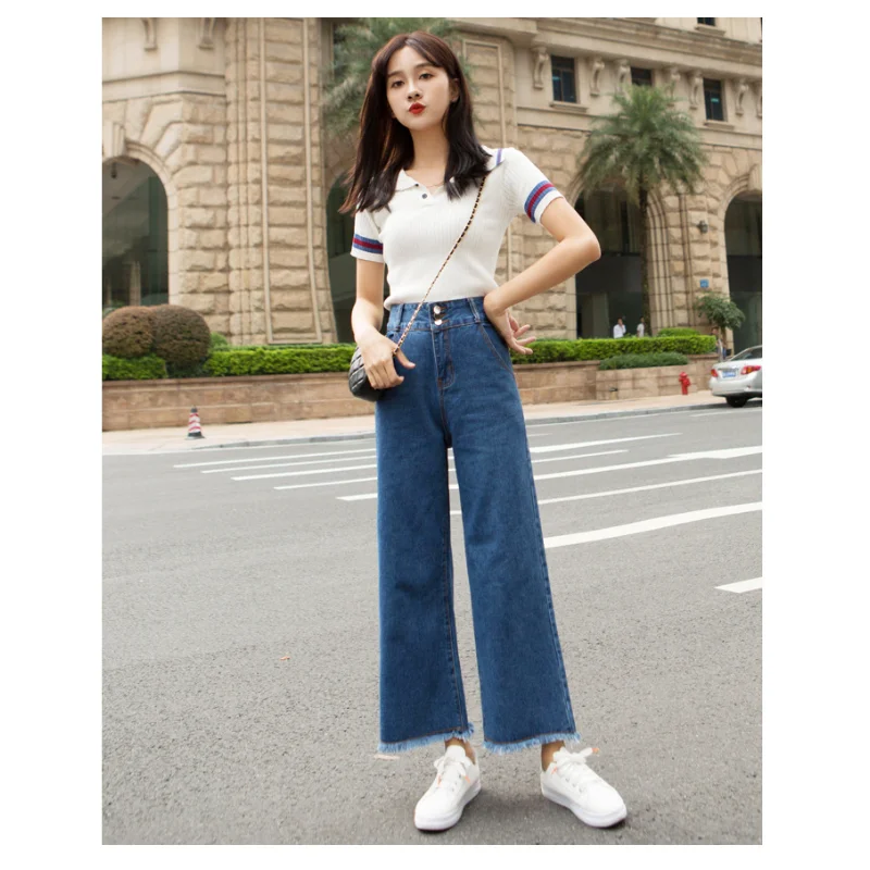 

Korean Version of High Waist Wide Leg Jeans Female Spring Summer Autumn Nine Points Straight Leg Pants Loose Show Thin Tide