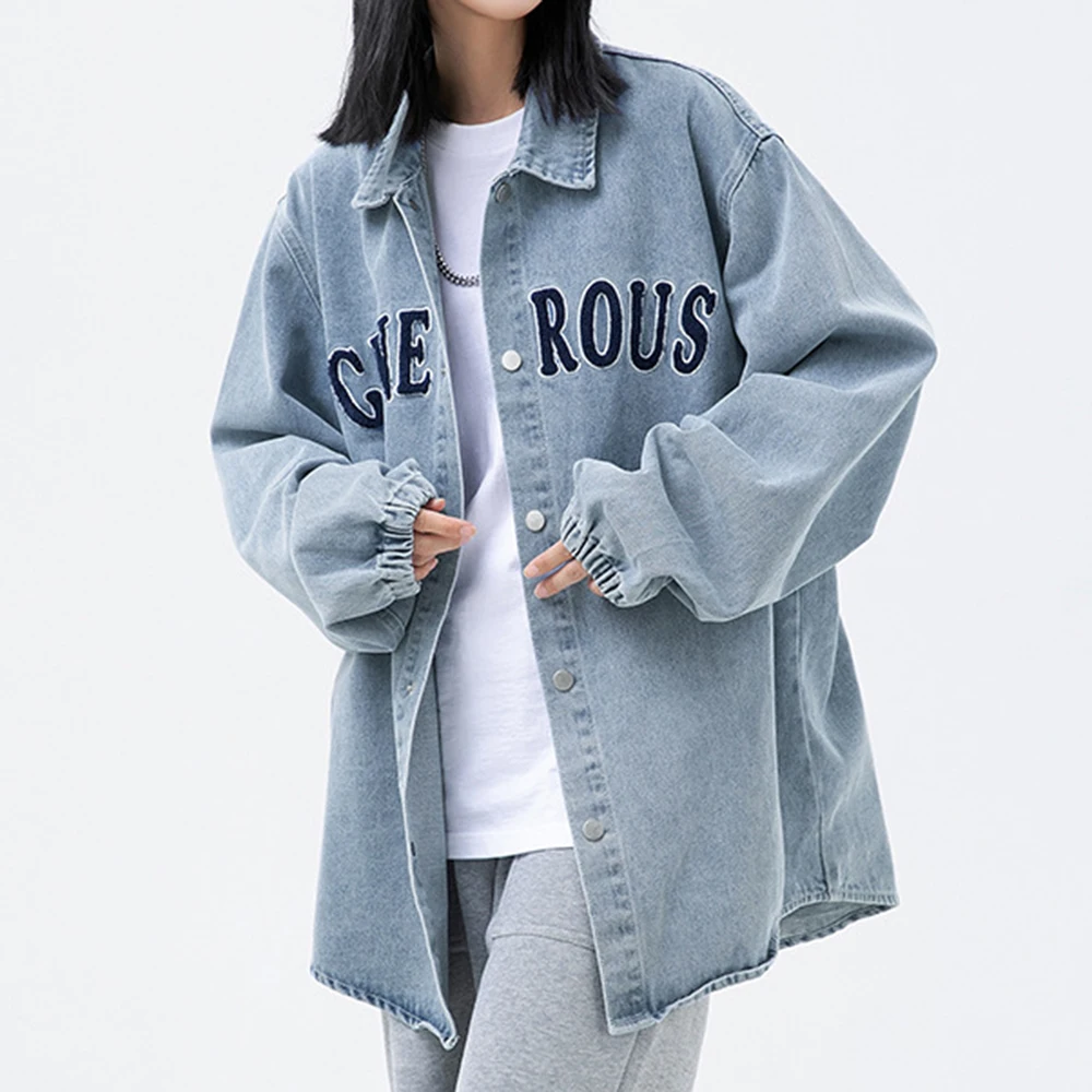 

Men Women Denim Shirts 2023 Spring Loose Embroidery Letter Brand Blouse Fashion Unisex Versatile Blouse Long Sleeve Quality Top