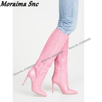 moraima snc pink stone print knee high boots for women pointed toe solid slip on boots stilettos high heels runway shoes on heel