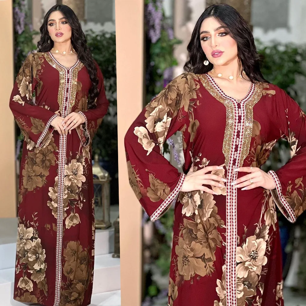 ICCLEK 2023 Summer Flower Moroccan Caftan Royal Women Dubai Muslim Abaya For Women Turkish Muslim Long Woman Dress