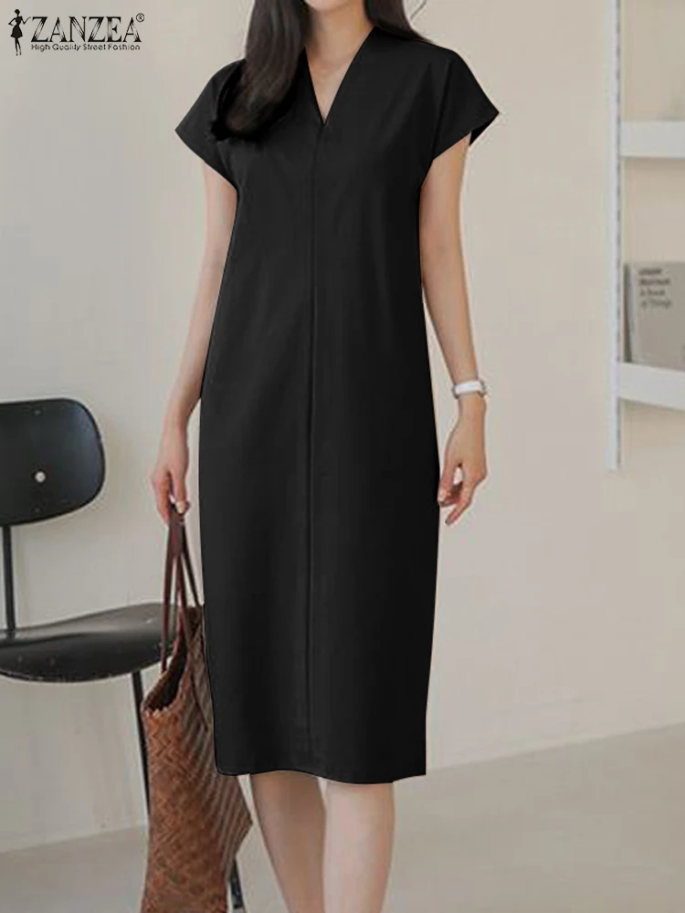 

ZANZEA Summer Fashion Mid-Calf Length Dress Short Sleeve V-Neck Solid Sundress Women Elegant Robe Female Casual Loose Dresses
