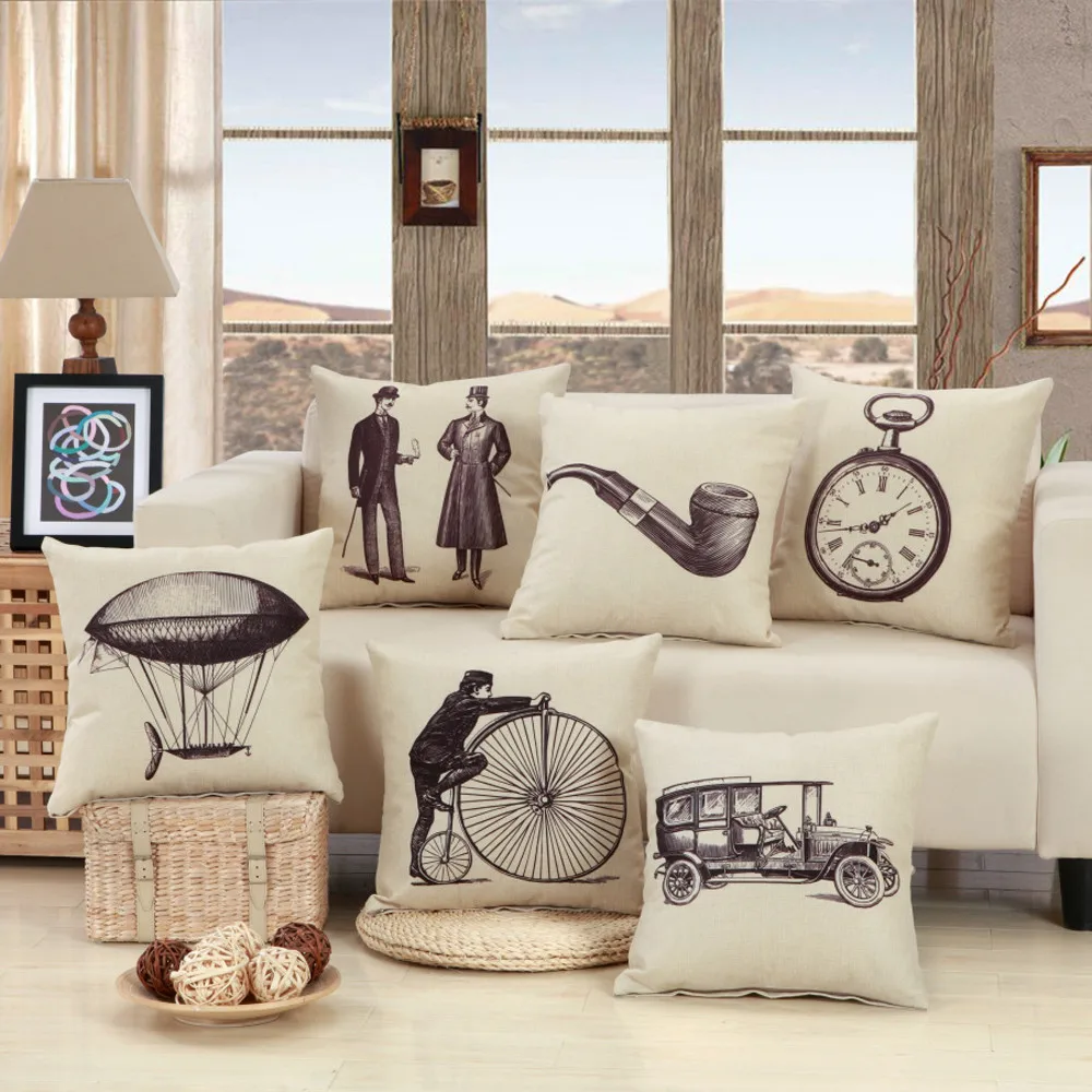 

45x45cm Vintage Printed Cotton Linen Sofa Cushion Cover Home Living Room Throw Pillow Case