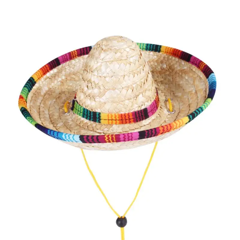 

Cute Colorful Adjustable Pet Straw Hat Cat Costume Mexican Straw Cap Sombrero With Rubber Band Buckle Ornaments Pet Supplies