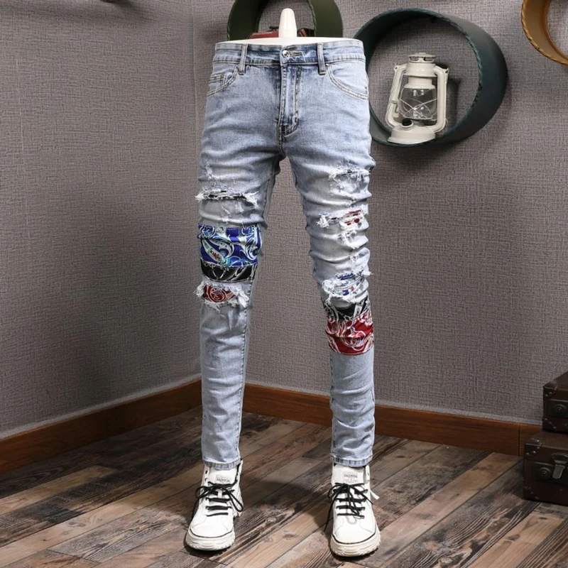 Streetwear Fashion Men Jeans Retro Light Blue Stretch Slim Fit Hole Ripped Jeans Men Patch Designer Hip Hop Brand Pants Hombre