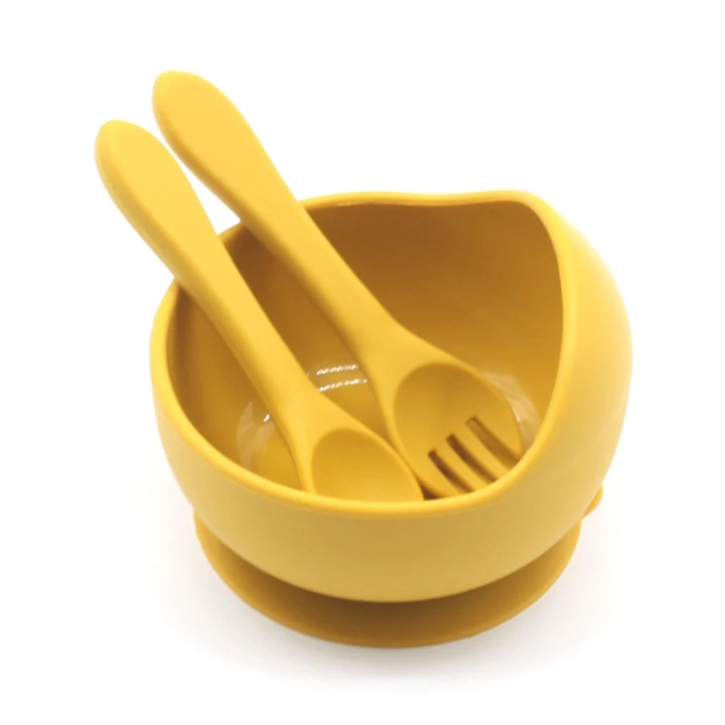 

3 Pcs Baby BPA-Free Silicone Suction Feeding Bowl Spoon Fork Set Non-slip Dishes Utensil Tableware for Newborn Infants Gifts